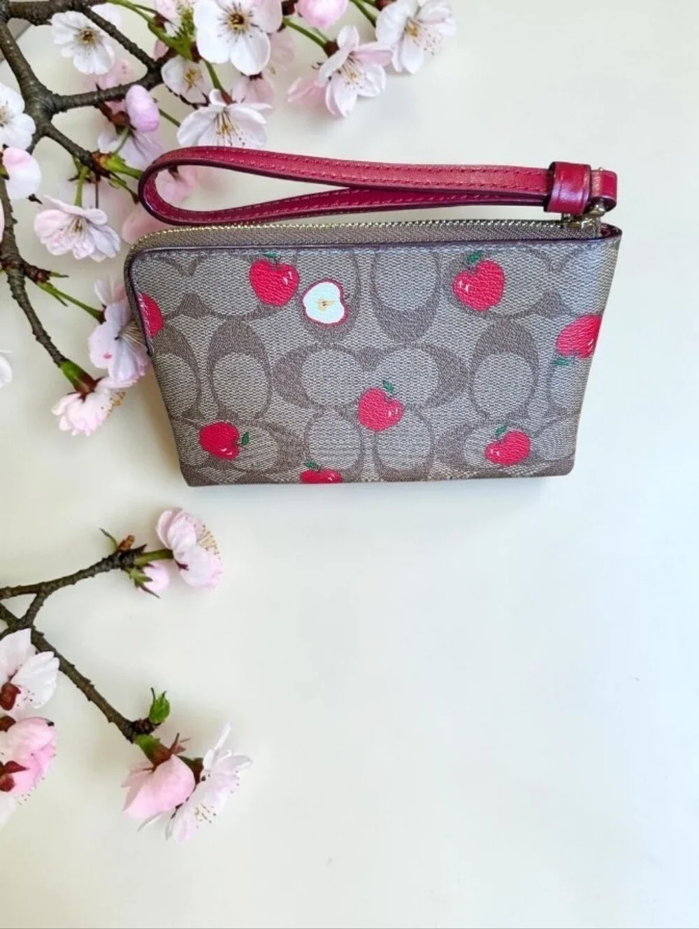 Coach Cherry Print Signature Wristlet in Brown with Red Accents